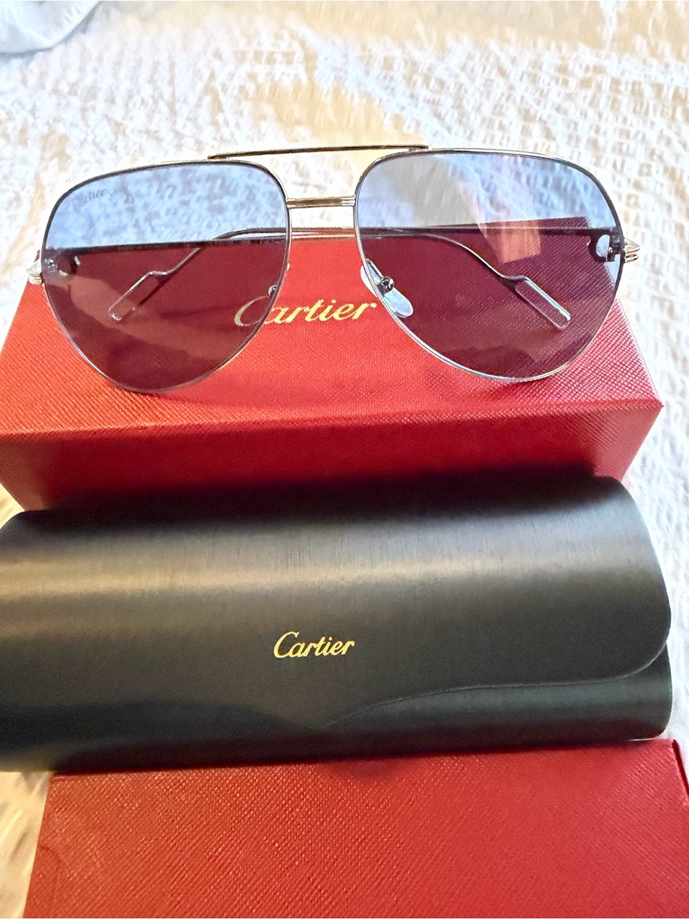 Cartier Men's Silver Frame Sunglasses with Blue Lenses